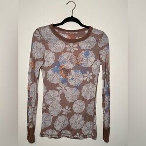Free People Lace Floral Print Thermal Top | Small | Boho Waffle Knit Long Sleeve
